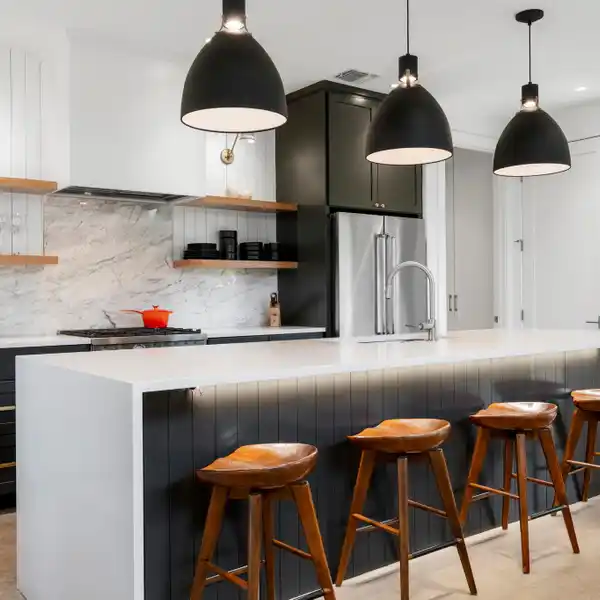 OPEN CONCEPT LIVING WITH WHITE OAK FLOORS  GOURMET KITCHEN WITH BERTAZZONI APPLIANCES